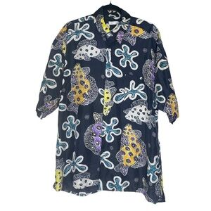 Burma Bibas 100% Silk Button Front Wild Fish Short Sleeve Shirt Sz Lg